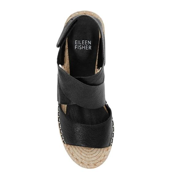 Eileen Fisher Willow Tumbled Black Grained Leather Strap Raffia Wedge Size 7.5 - Picture 3 of 10